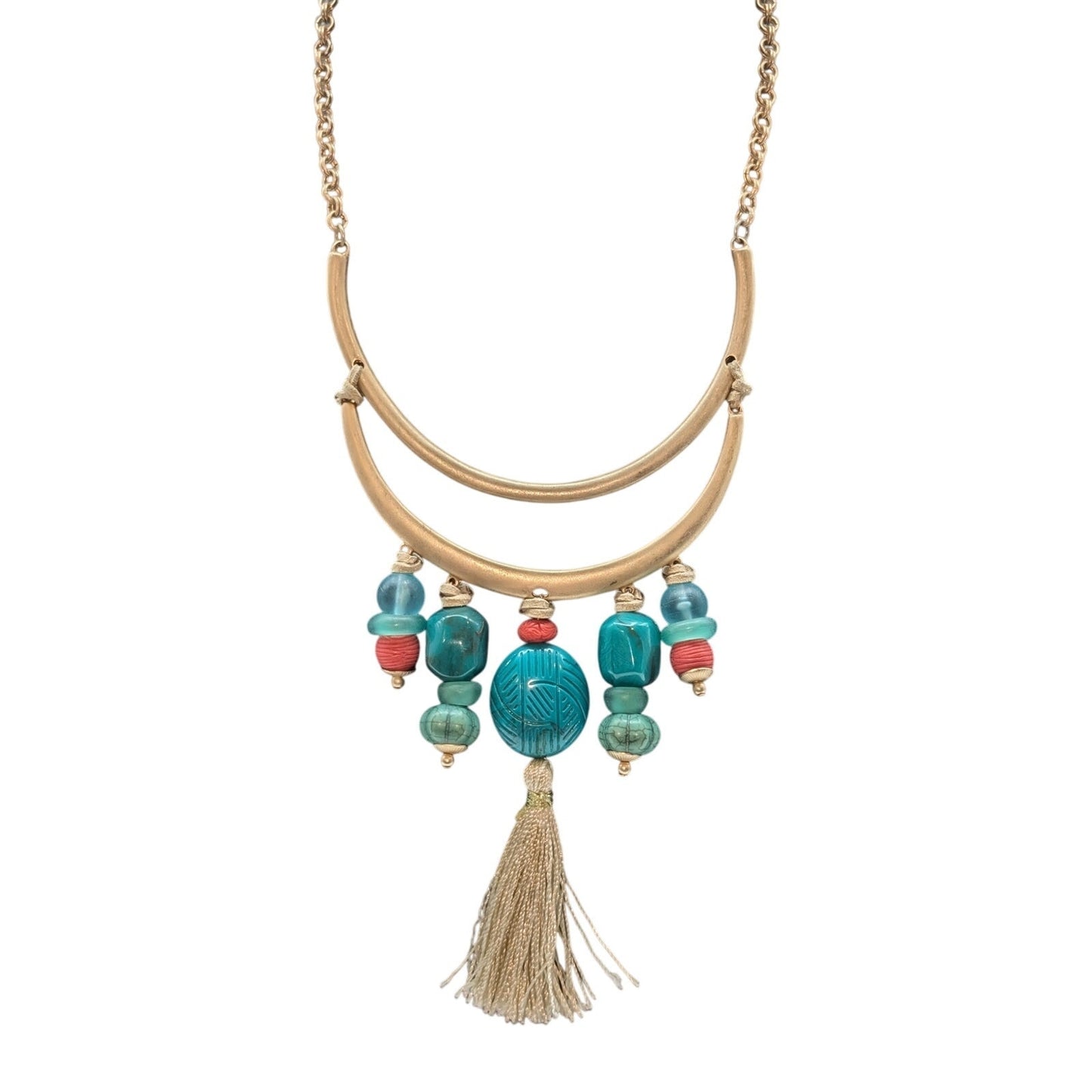 Chico's Gold Tone Faux Turquoise Coral Sea Glass Tassel Bib 15"-18.5" Necklace