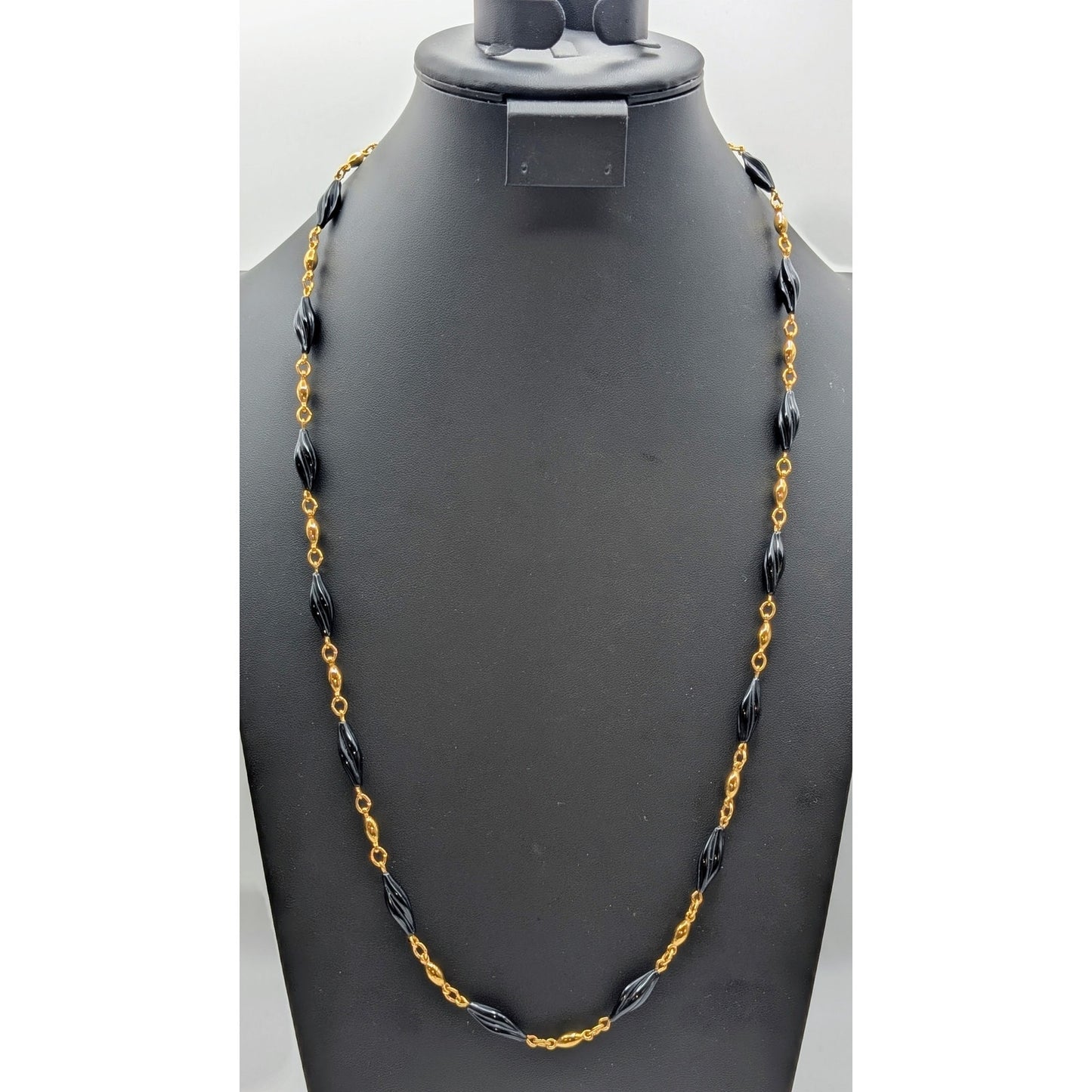 Vintage Trifari Gold Tone Black Carved Twisted Cylinder Glass Bead 31" Necklace