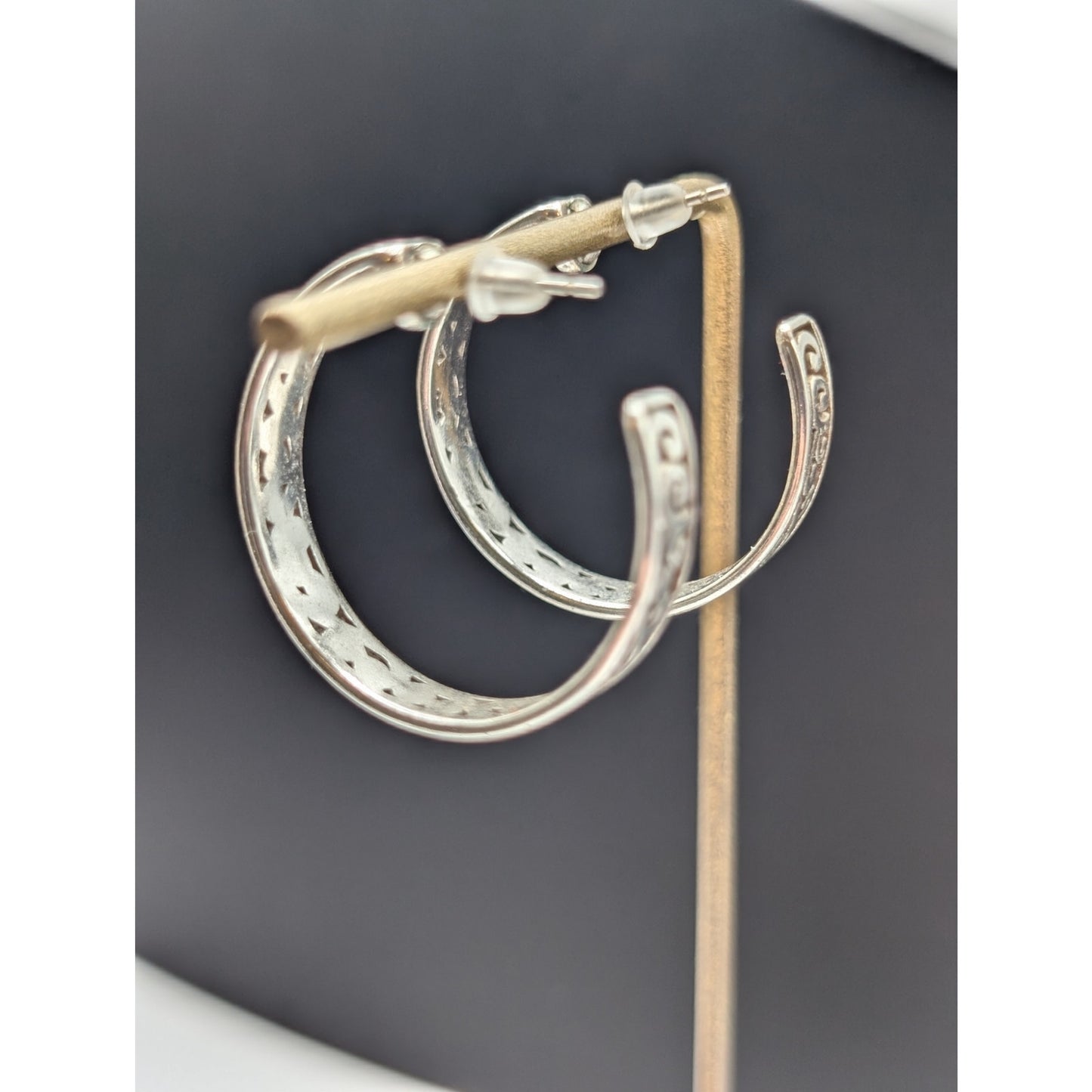 Silver Plated Cut Out Design 3/4 Hoop Earrings