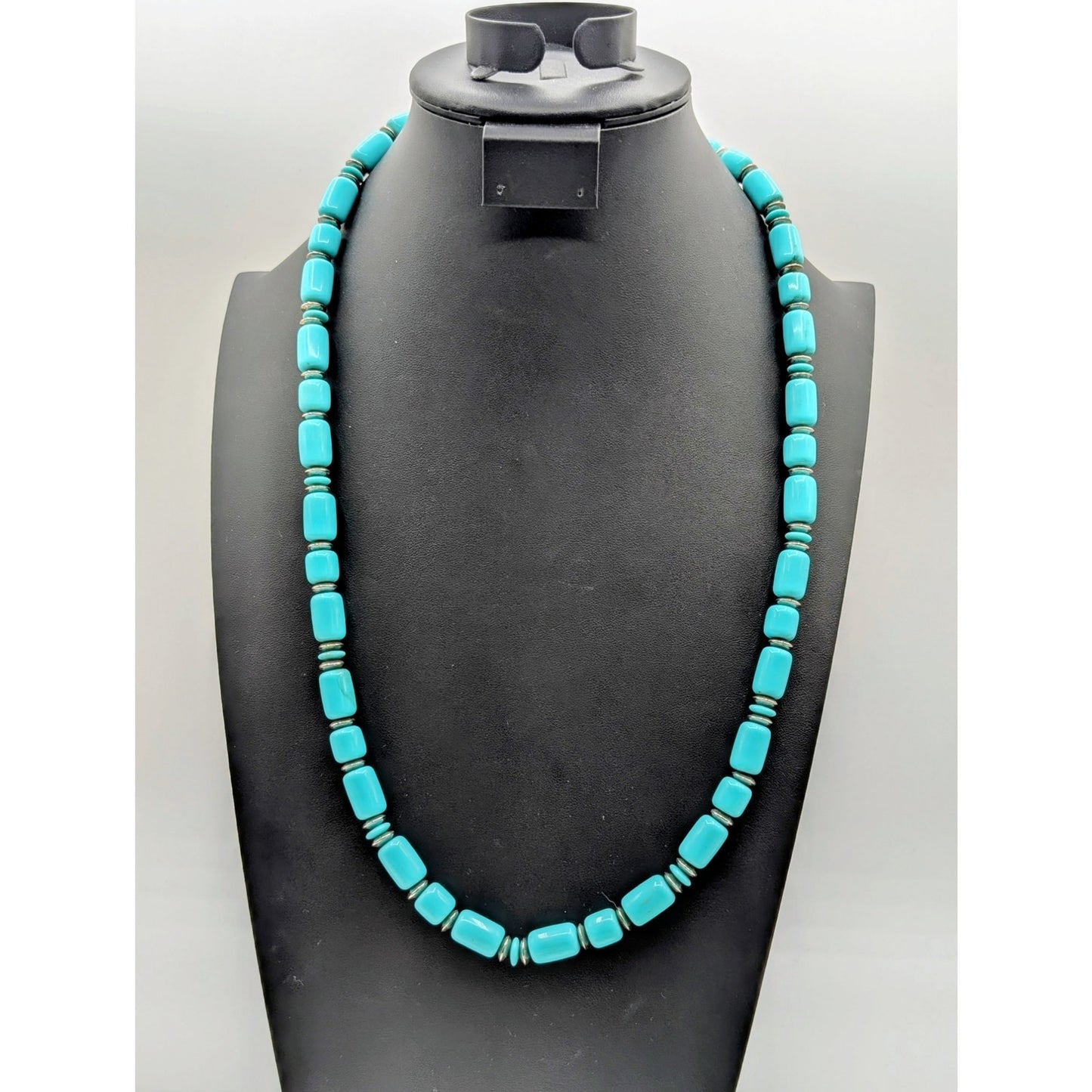 Vintage Bohemian Lucite Blue Barrel & Silver Tone Beaded  Approx. 28" Necklace