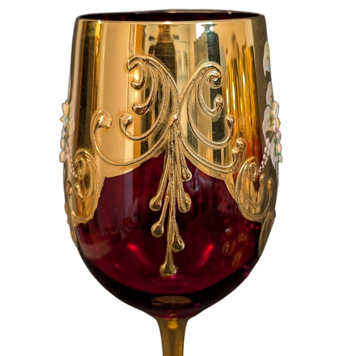 Vintage 50s Red Stemmed Wine Goblet Tre Fuochi Murano Italy Venetian Heavy Gilt