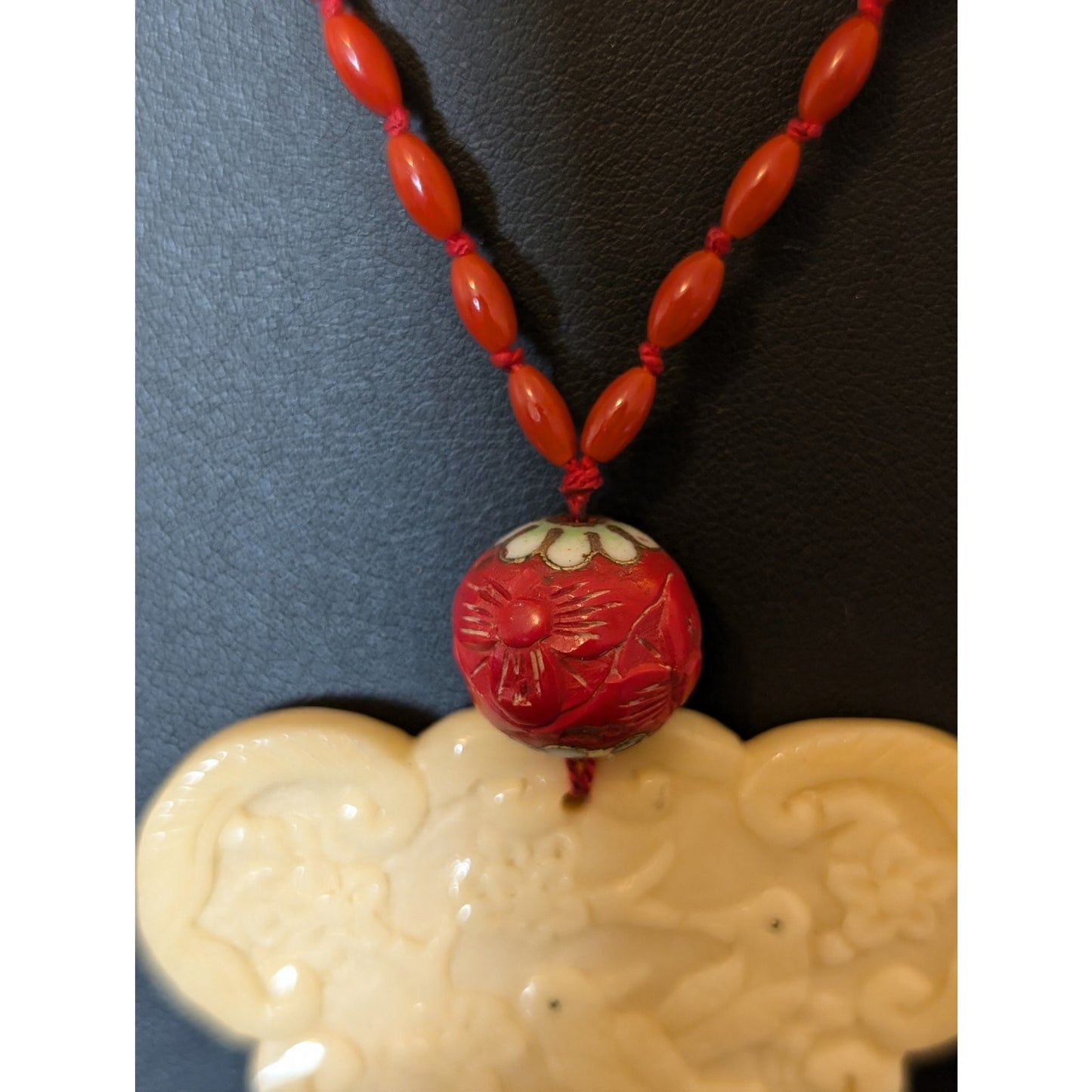 Antique Carved Birds Asian Medallion Hand-Knotted Beaded Necklace