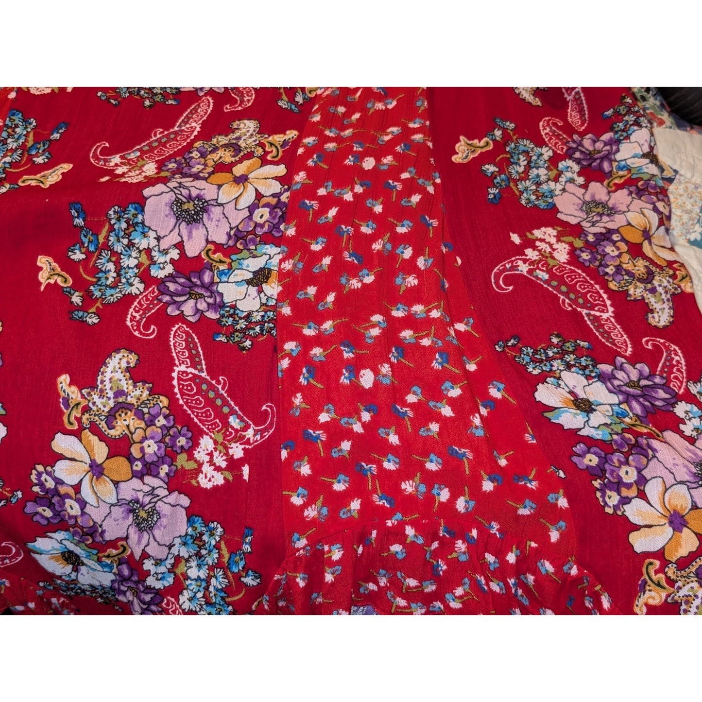 Bila Ruffled Smocked Boho Hippie Red Floral Maxi Dress Women's Size XL