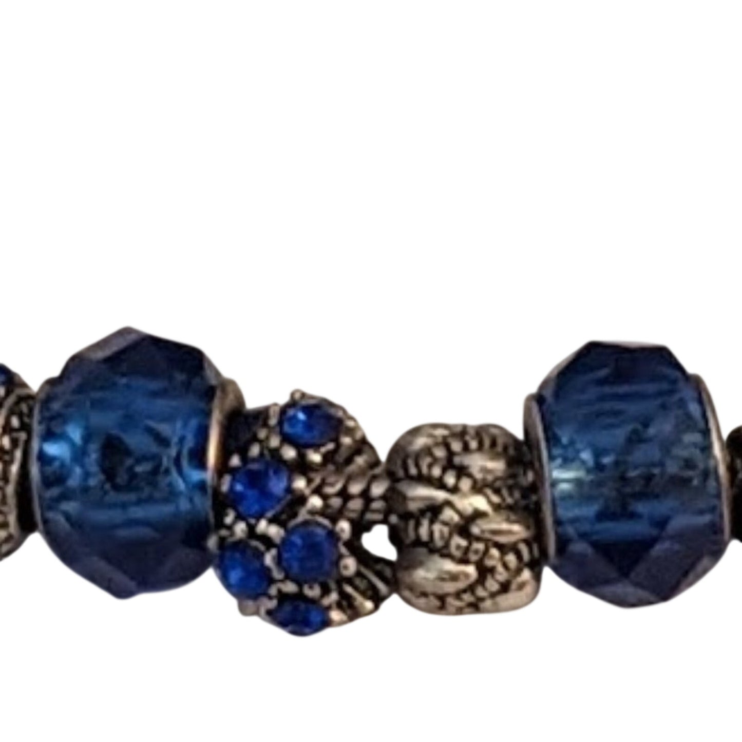 Charm Bracelet With Blue Crystal Beads in Silver Tone Metal with Safety Chain