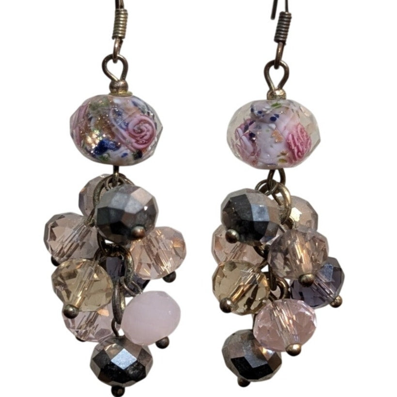 Rose Lampwork & Crystal Bauble Cluster Bead Dangle Earrings