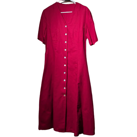 Red Linen Blend Tie Back Button Front V-Neck Short Sleeve A-Line Dress Sz XL