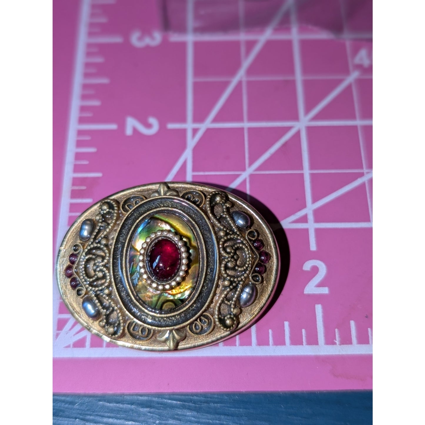 Vintage Michal Golan Signed Oval Gold Plated Garnet Abalone Brooch/Pendant