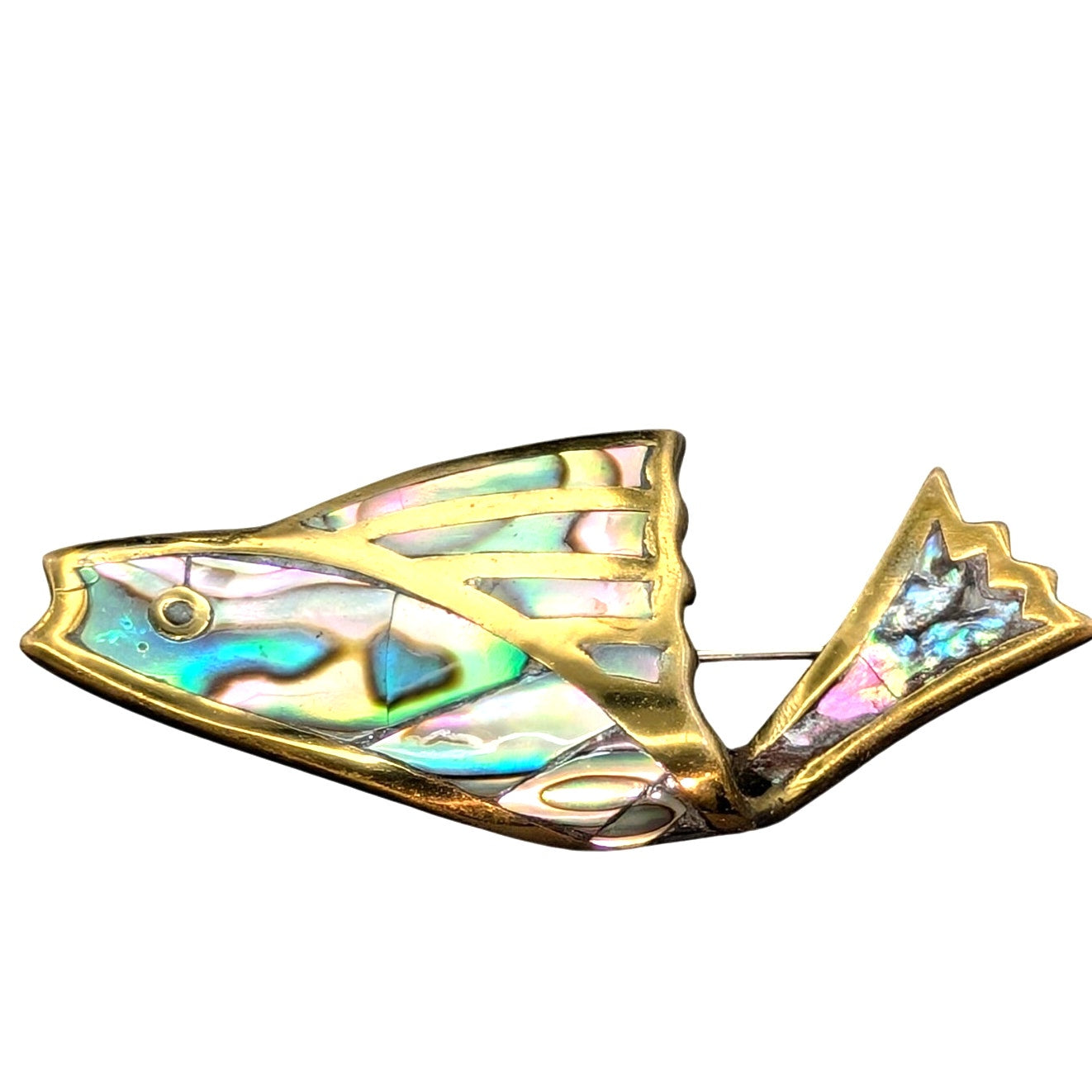 Signed Los Castillo Taxco Mexico Brass & Abalone Fish Shaped Brooch