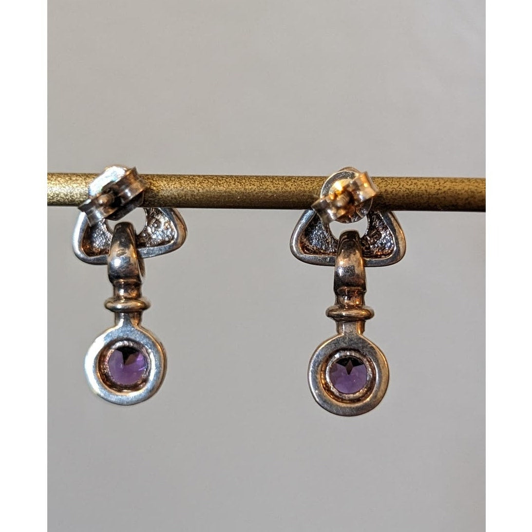 Marked 925 Sterling Bezel Set Genuine Amethyst Gemstone Dangle Post Earrings