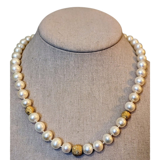 VTG PJS 14K Clasp Genuine 9mm Pearl Three Gold Lava Stone Bead 18" Necklace