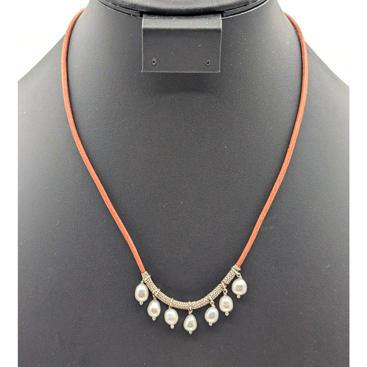 Retired SILPADA 925 Sterling Dangling Pearls on Leather Cord 17"-19" Necklace
