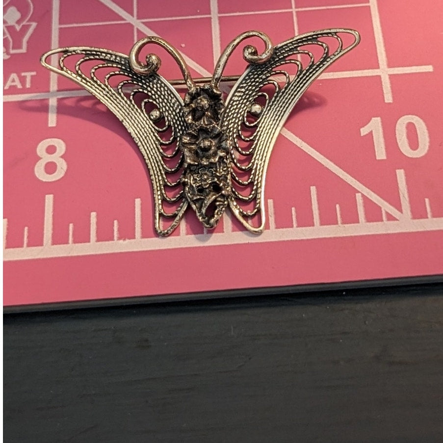 Beaucraft Vintage Sterling Silver Flower Filigree Butterfly Brooch