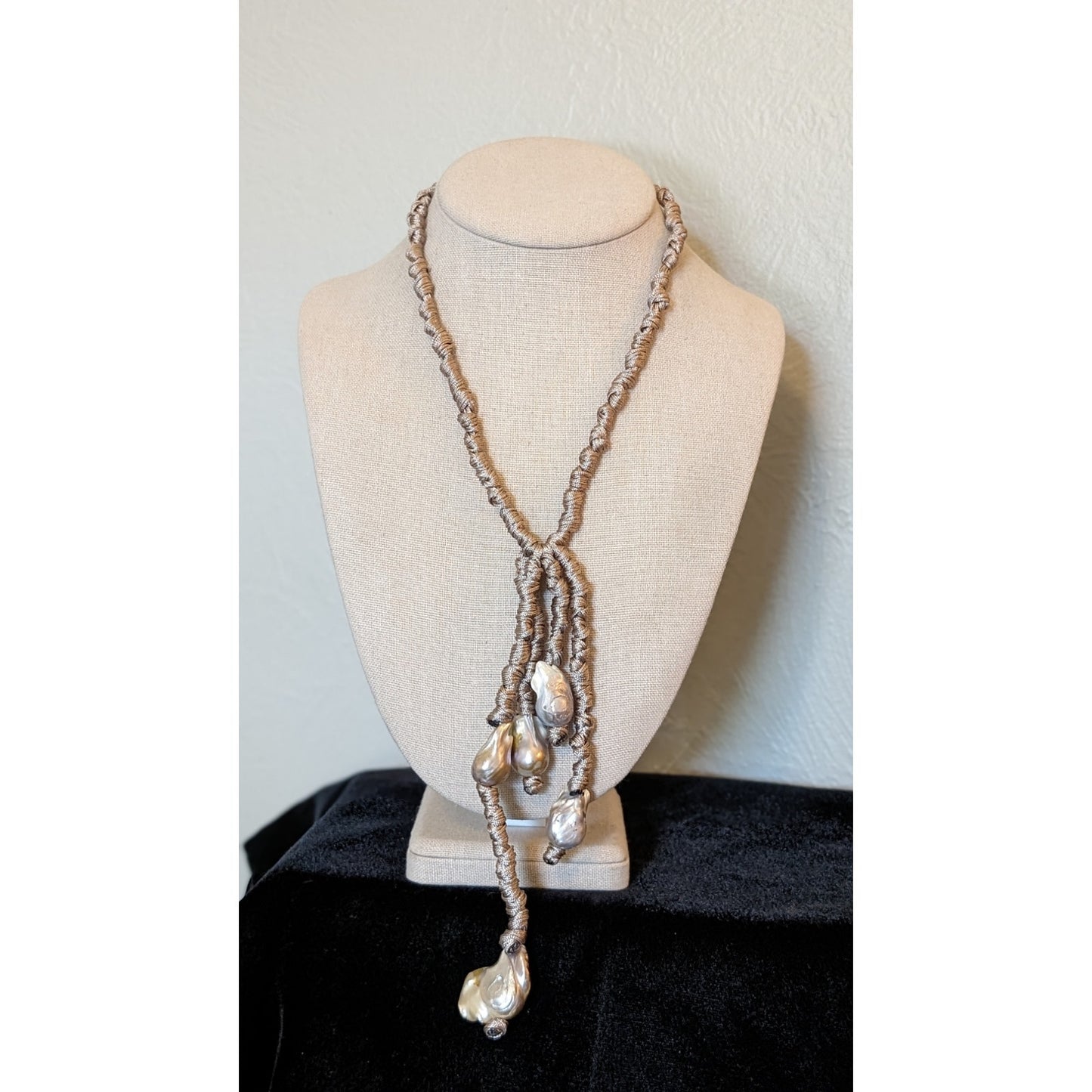Designer Made in Italy Khaki Natural Linen & Large Baroque Pearl Tassel Necklace