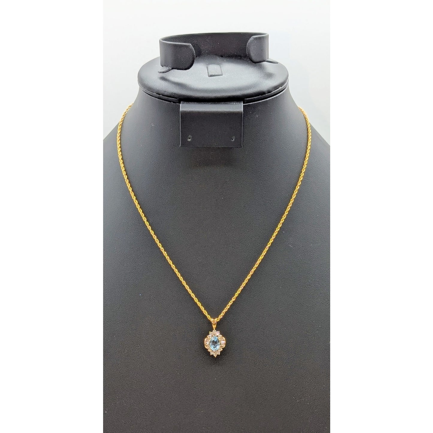Gold Tone Light Blue Glass & Round & Baguette CZ Pendant 18" Chain Necklace
