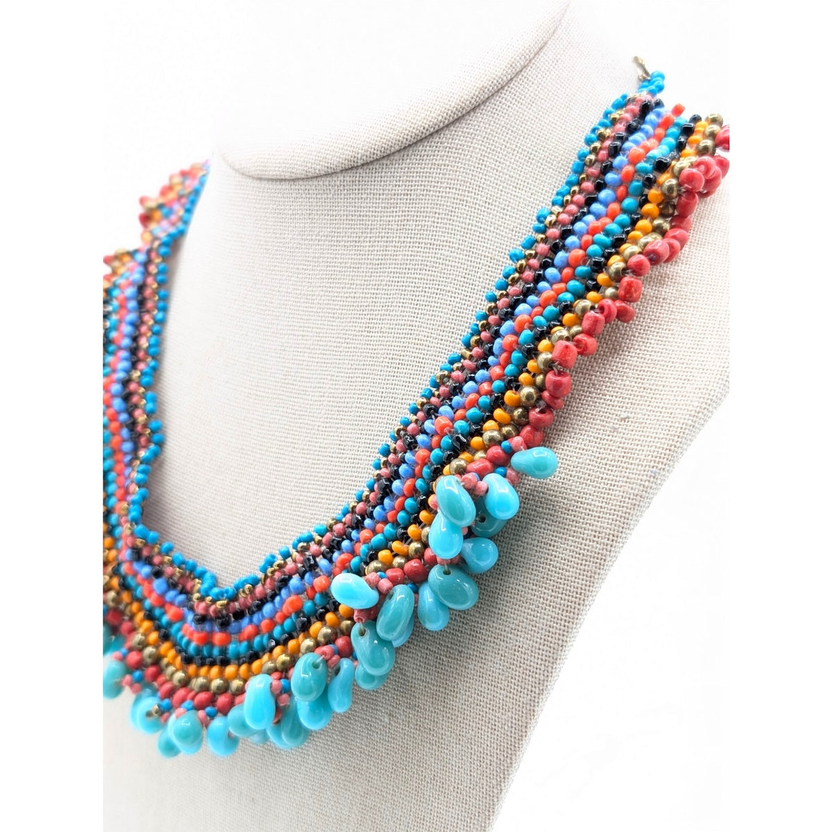 Multi-Color Woven Beaded Necklace W/ Turquoise Teardrop Dangle Bib Necklace
