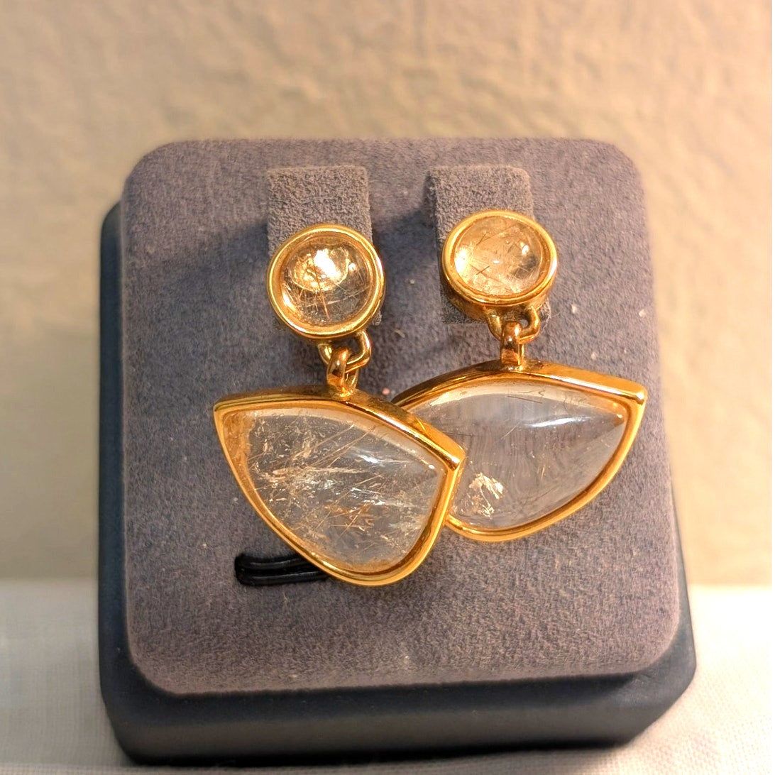 Gold-Plated Rutilated Quartz Geometric Dangle Post Earrings
