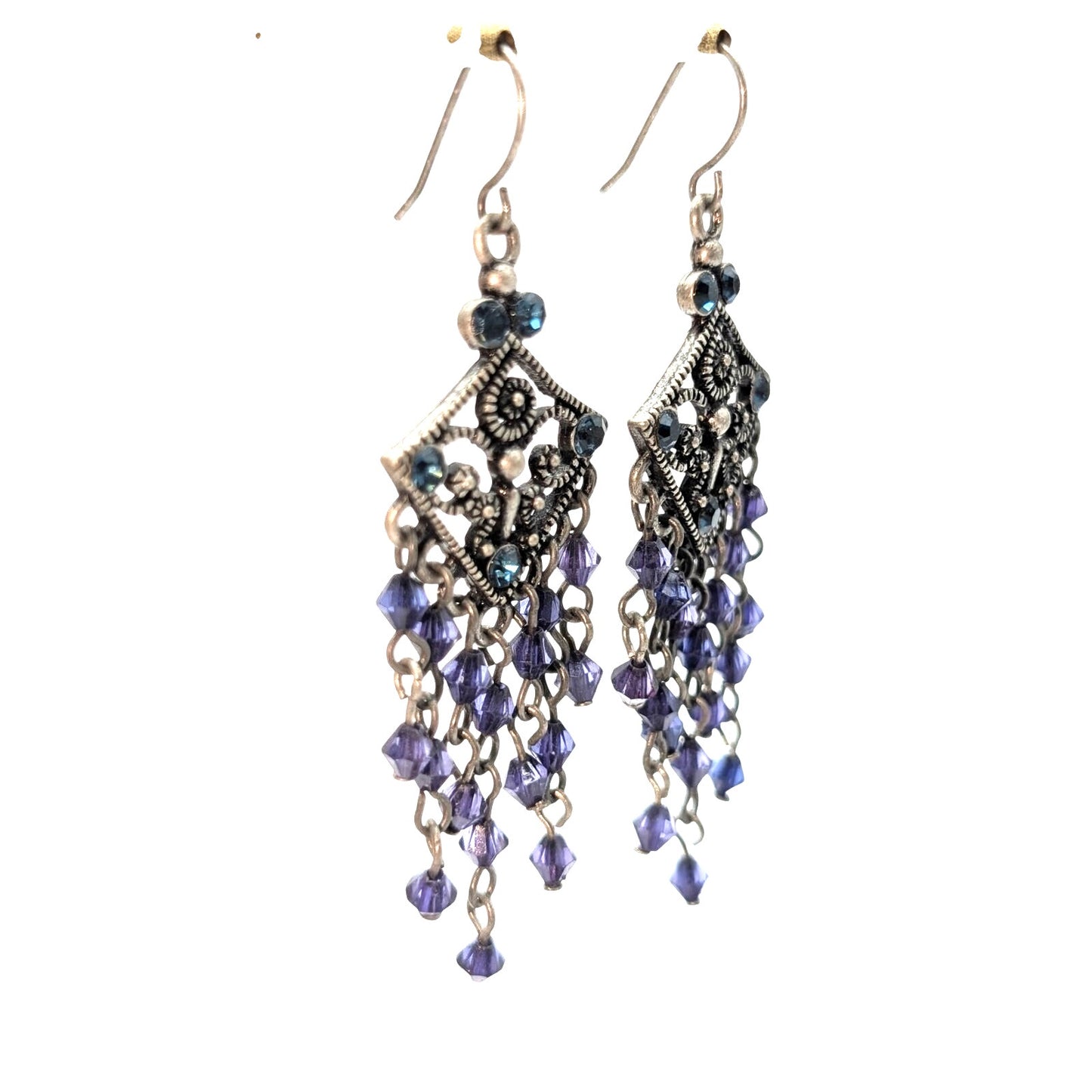 Blue Bead Chandelier Silver Tone Earrings