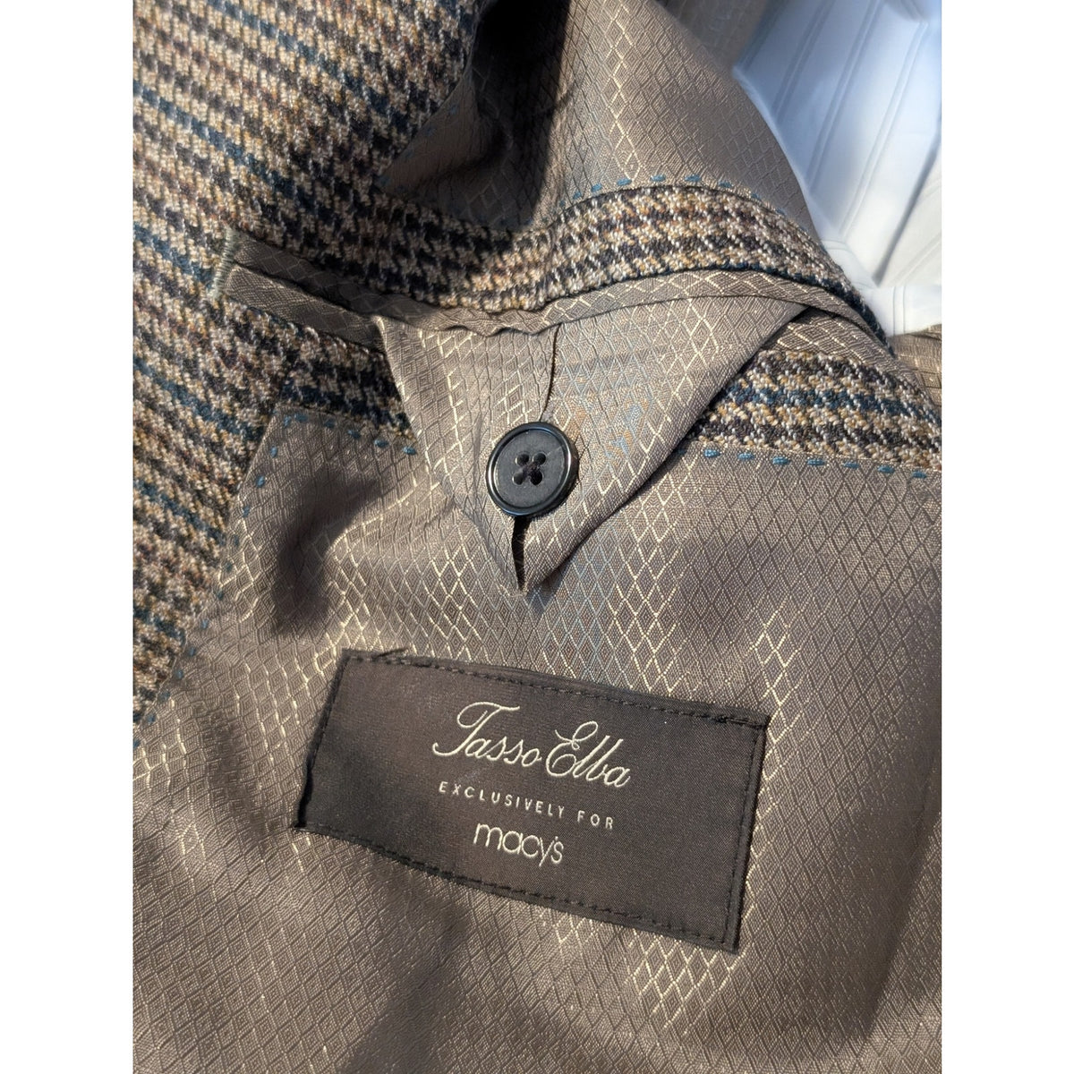 Tasso Elba Macy's Elbow Patch 100% Wool Brown Houndstooth Sports Coat Mens 44R
