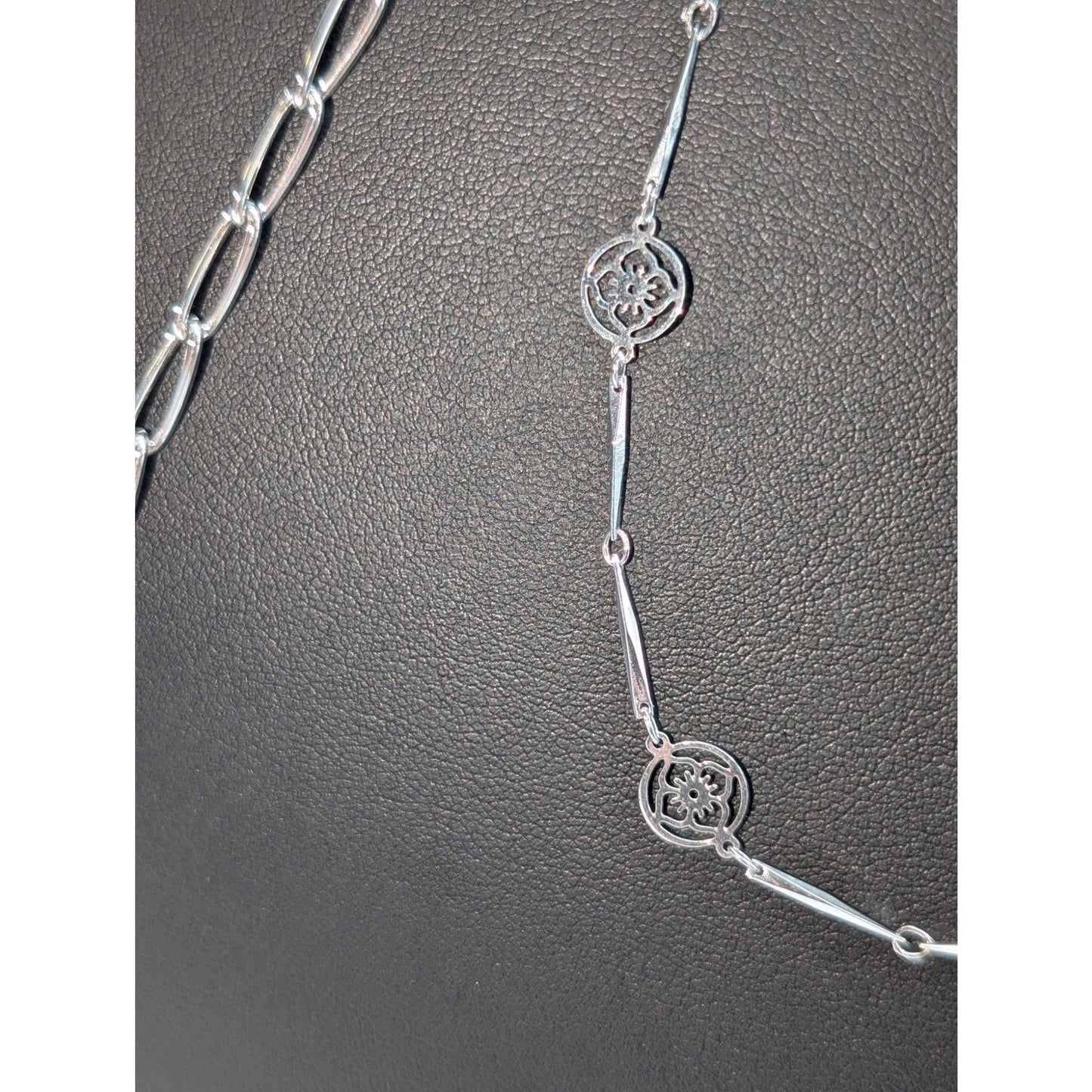 Lot of Three Silver Tone Necklaces-Blue Faux Stone Chain & Avon Vtg Lace Flower