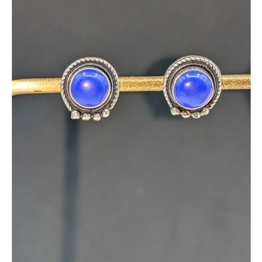 Vintage 925 Sterling Silver Lapis Lazuli Round Beaded Post Earrings