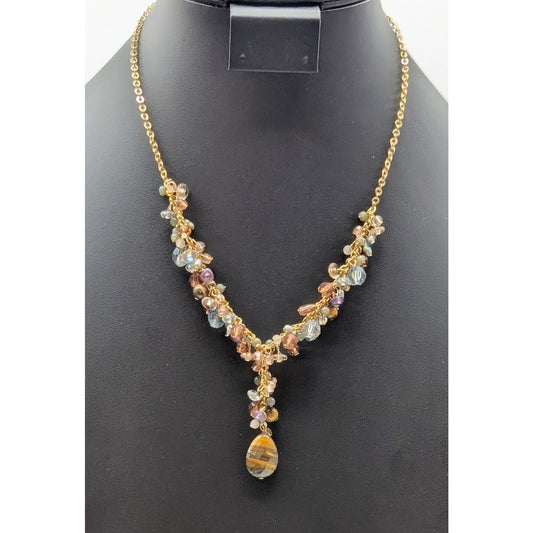 Vintage Avon Tiger's Eye Gold Tone Y Drop Cluster Beaded 16"-19" Necklace
