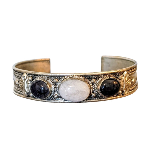 Vintage Bezel Set Glass Three Stone Silver Tone Cuff  Bracelet