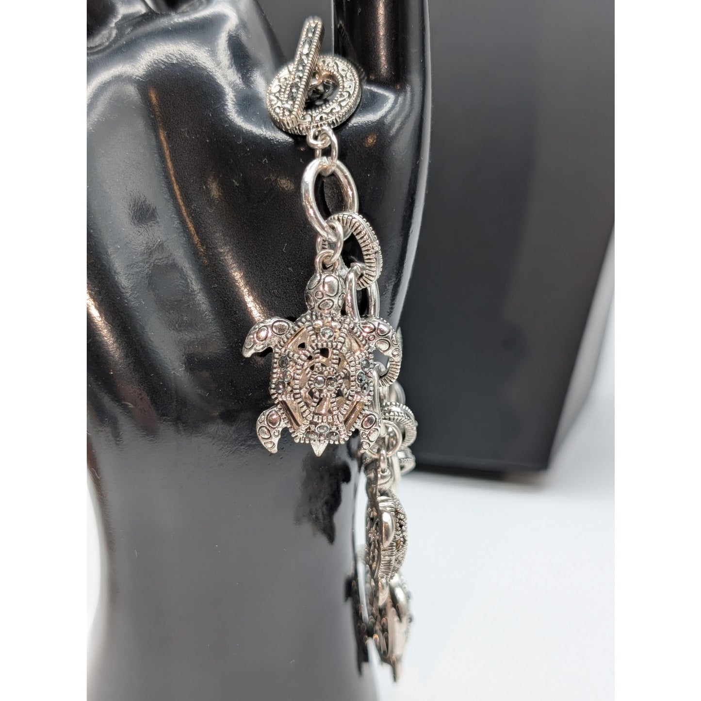 Chunky Silver Tone Marcasite Toggle Clasp Turtle Charm Bracelet