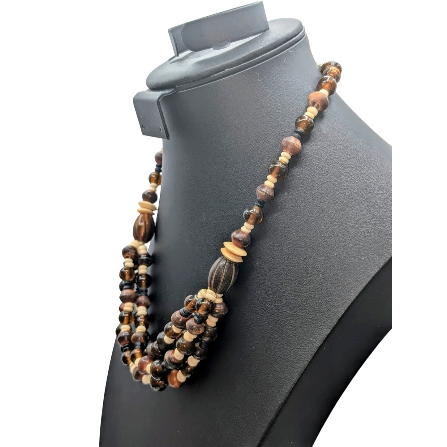 Vintage Amber Cream & Brown Bone Glass Wood Bead Tribal Hook Clasp Necklace