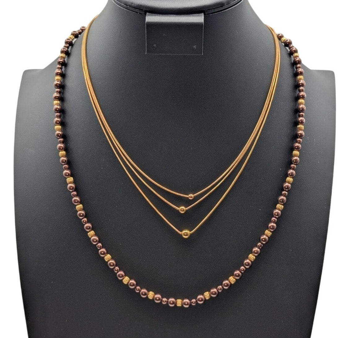 Two Gold Tone Beaded Necklaces--1 Triple Strand Ball Bead & 1 Copper Glass Bead