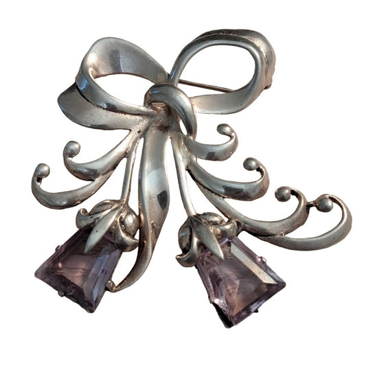 Vintage 40's Hollywood Regency Sterling Amethyst Glass Flower Ribbon Brooch