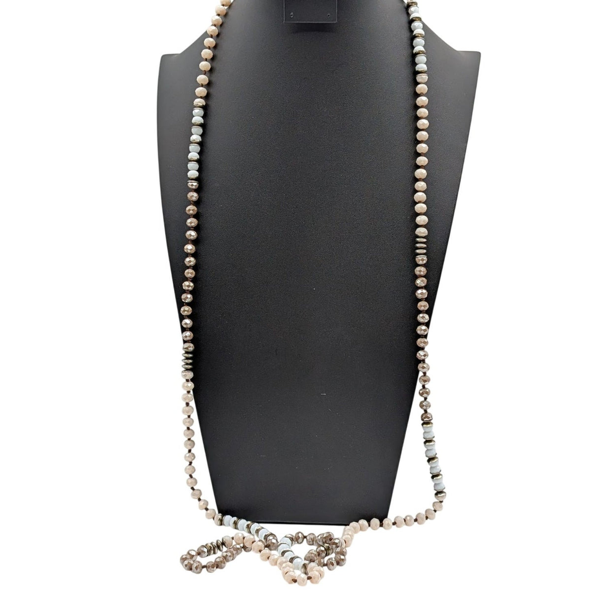 Long Strand Taupe Champagne Czech Milk Glass Silver Rondelle Bead Boho Necklace