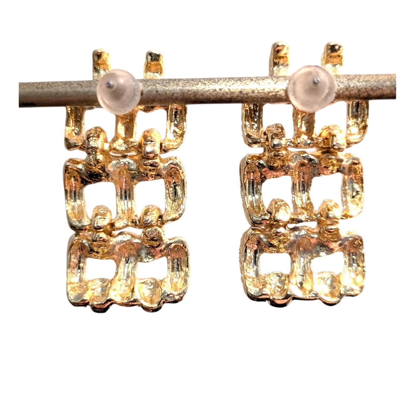 Vintage Textured Panther Link Articulated Gold Tone Pierced Earrings