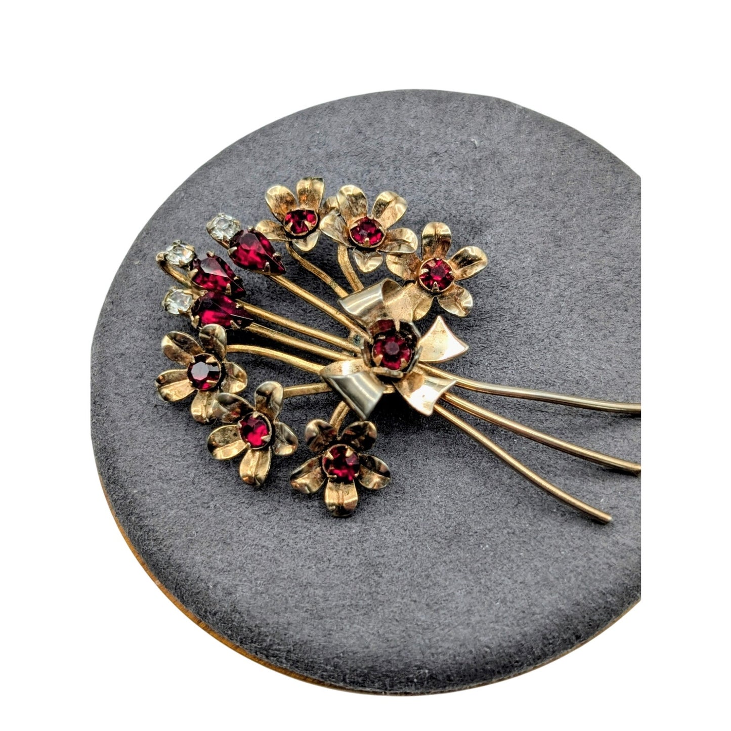 Vintage Gold Tone Red & Clear Rhinestone Floral Bouquet Brooch
