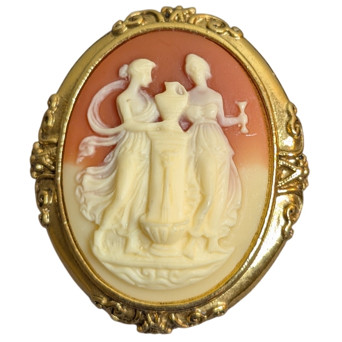 Vintage 2" Cameo Pin/Brooch 2 Ladies & A Vase Gold Tone Brooch