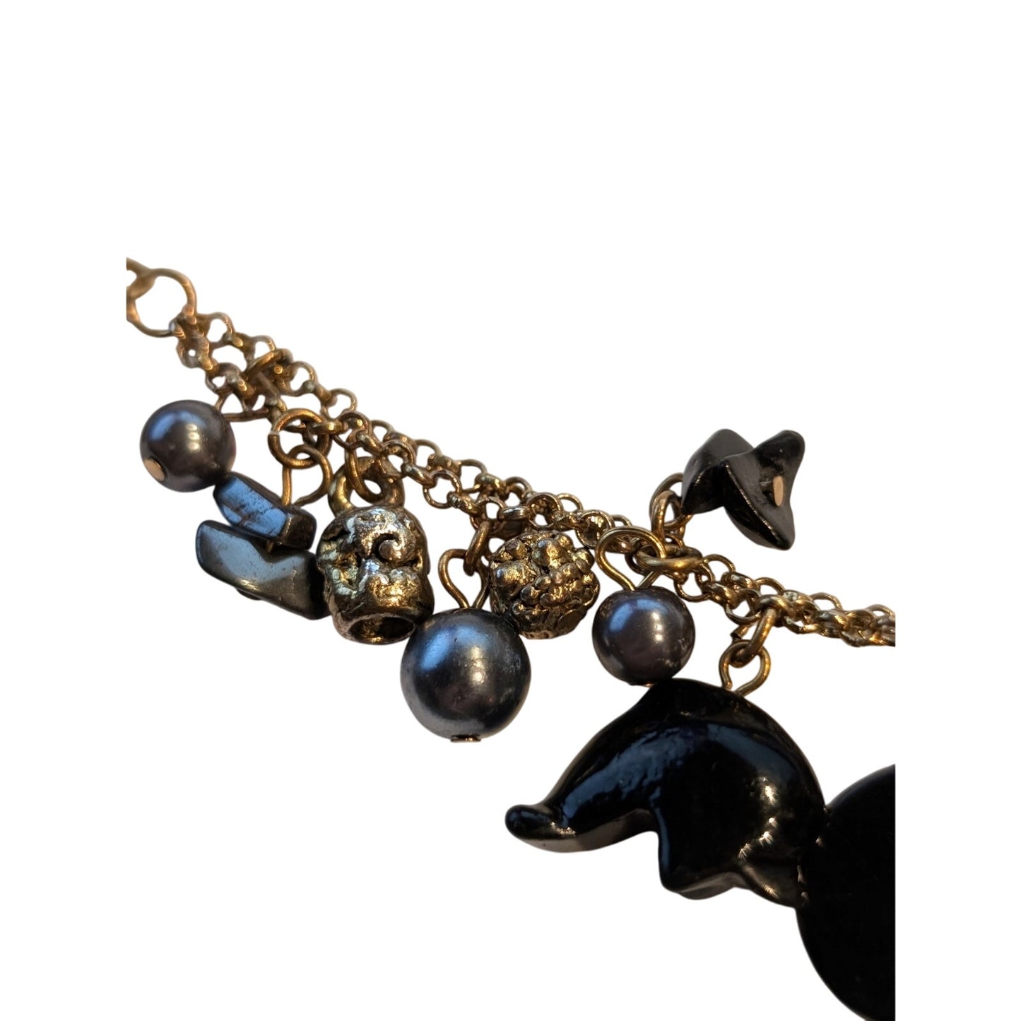 Vintage Antique Gold Tone Carved Glass Animal Gray Pearl Charm Toggle Bracelet