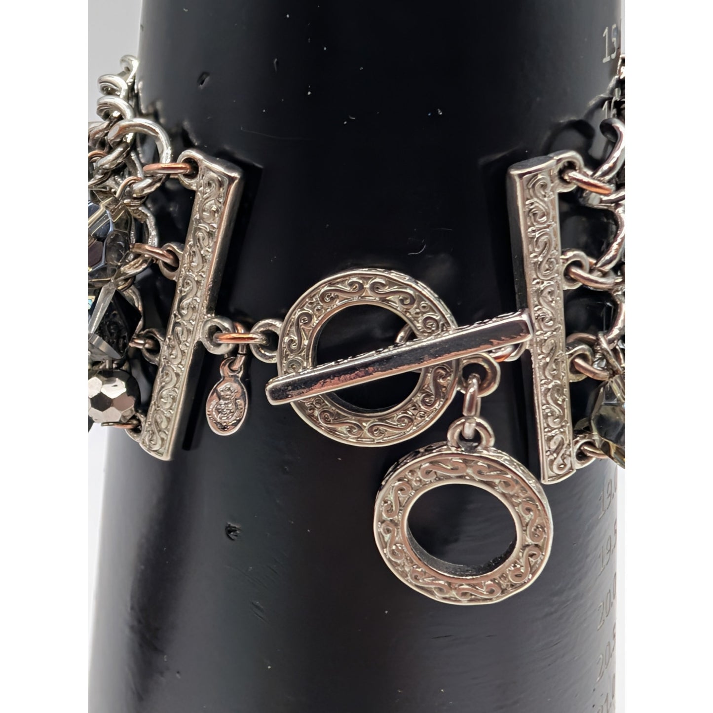 Premier Designs Silver Tone Metallic Faux Pearl Glass Crystal Toggle Bracelet