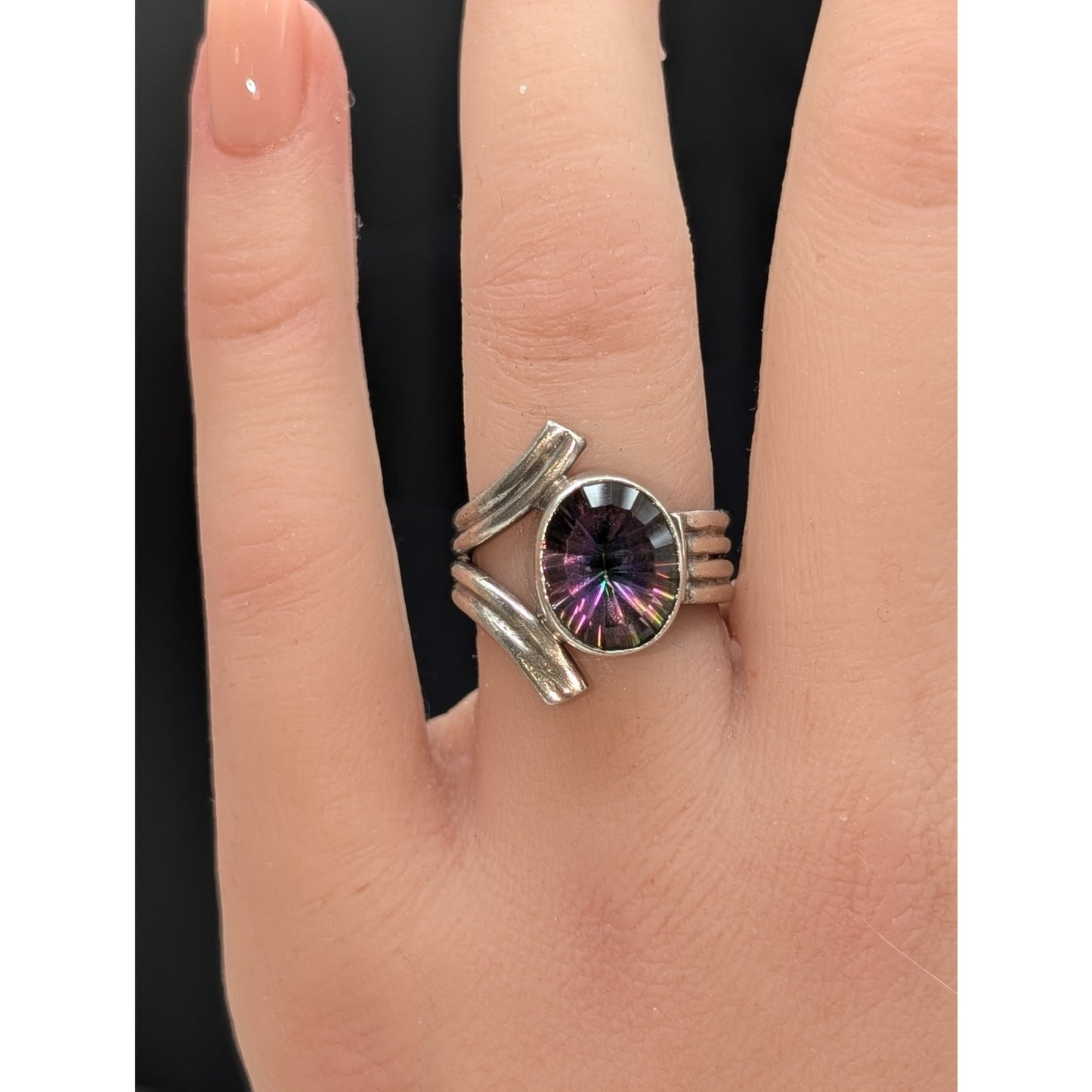925 Sterling Silver Sunburst Cut Mystic Topaz Chunky Modern Design Ring Sz 5.25