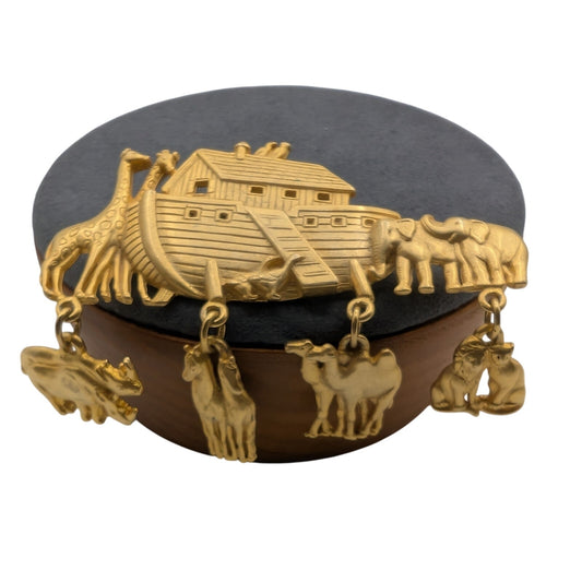 Vintage JJ Large Noah's Ark Dangling Animals Gold Tone Brooch