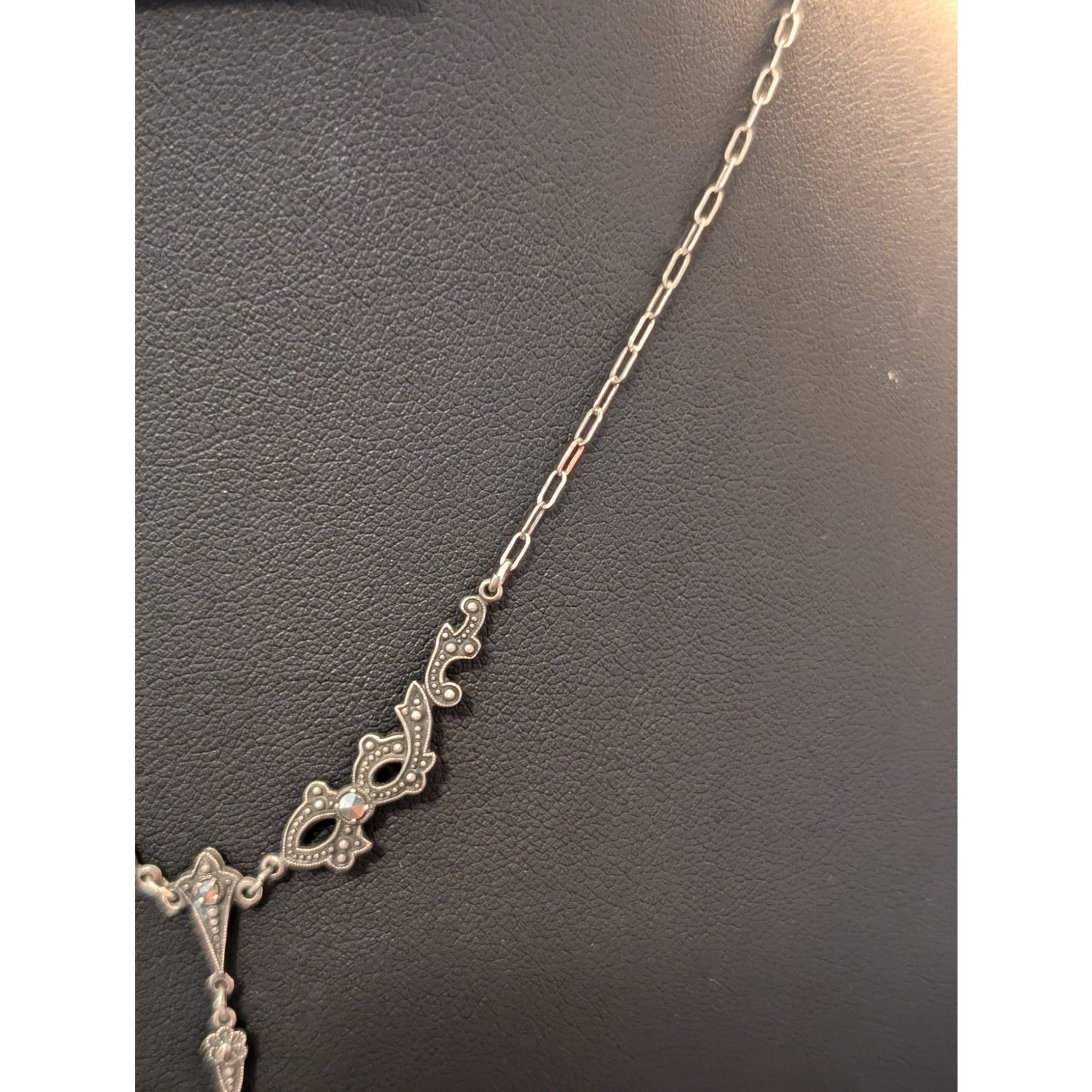 Antique Art Deco Sterling Amethyst Marcasite Filigree Pendant Paperclip Necklace