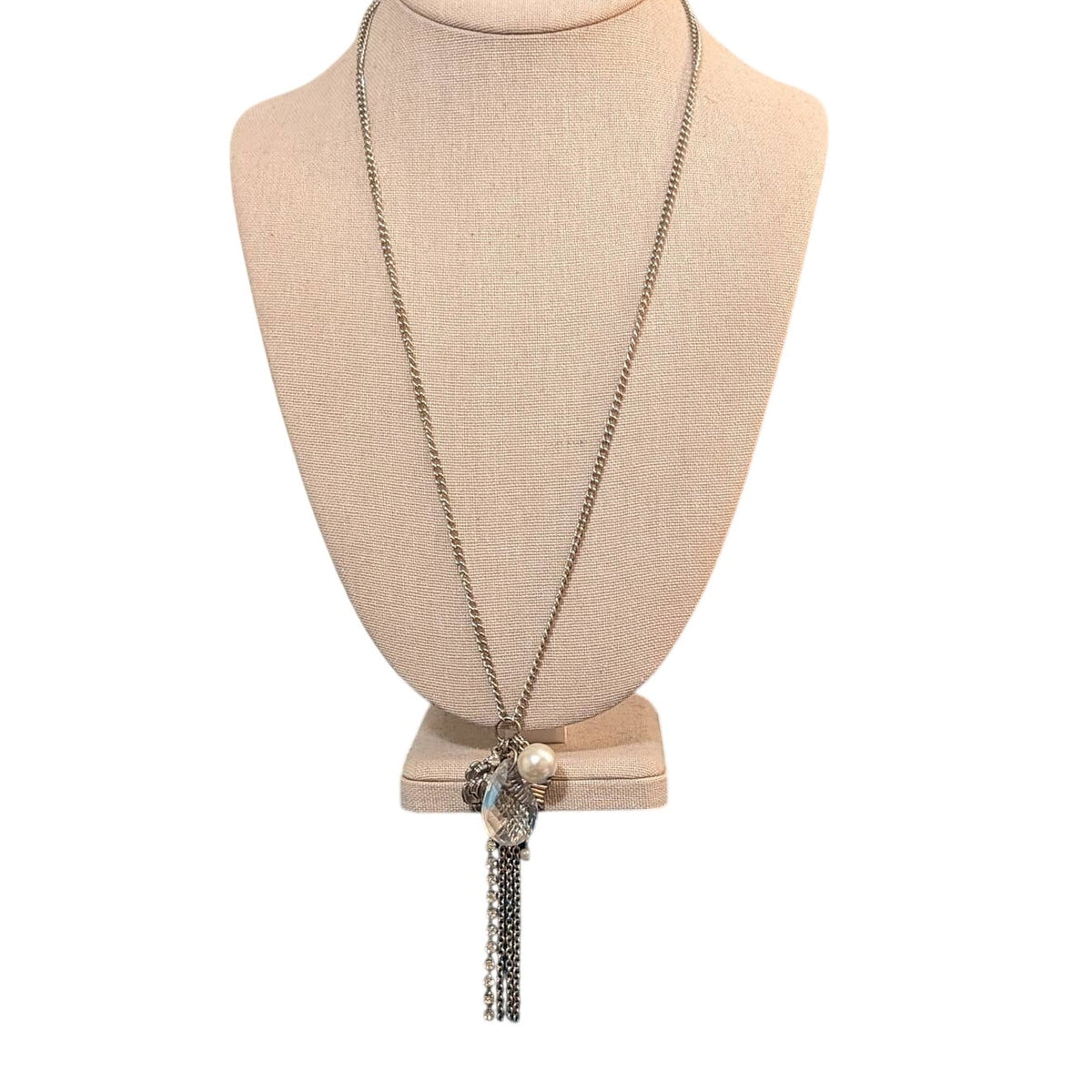 Silver Tone Cluster 22-24.5" Necklace With Rose, Rhinestones, Pearls, etc.