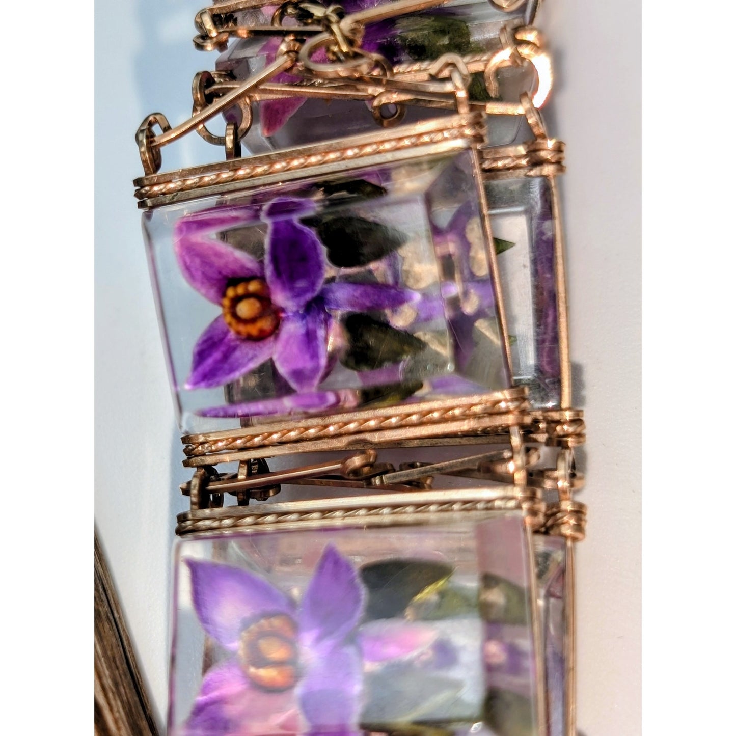 Vintage Reverse Carved Lucite Orchid Link Bracelet & Screw On Earring Set