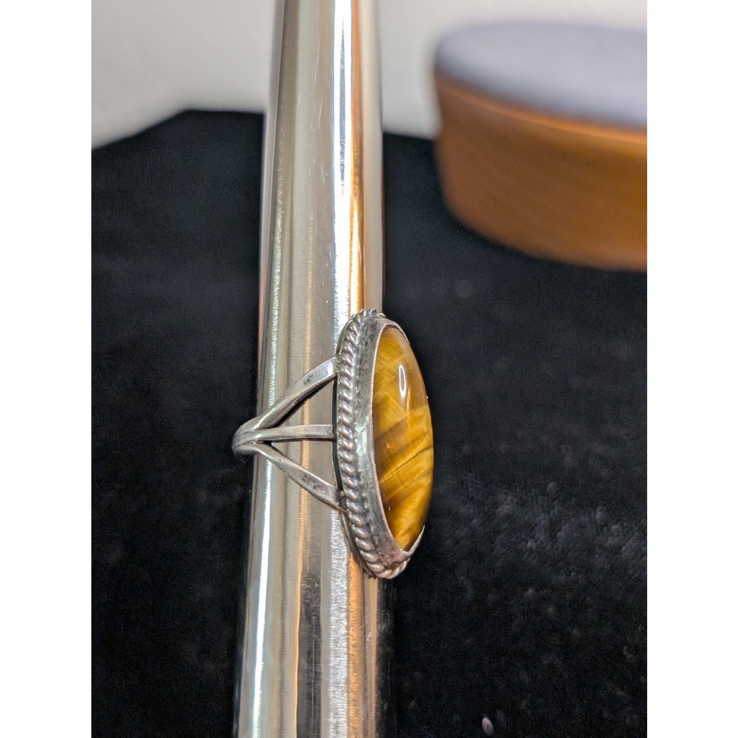Vintage Sterling Silver Tiger's Eye Long Oval Native American Ring Size 4