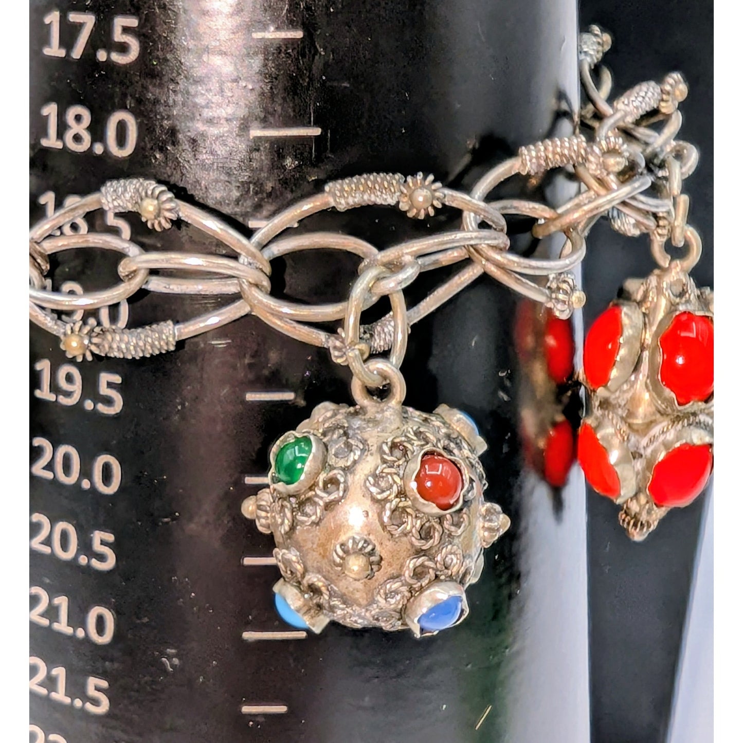 Antique Etruscan Revival 800 Silver Ornate Multi-Stone Charm Fob Bracelet