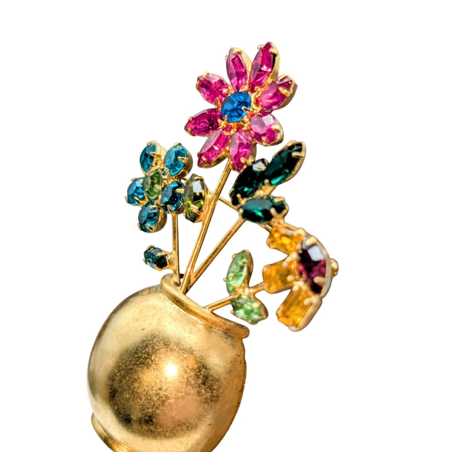 VTG Mid-Century Multi-Color Glass Stone Flowers in Gold Tone Flower Pot Brooch