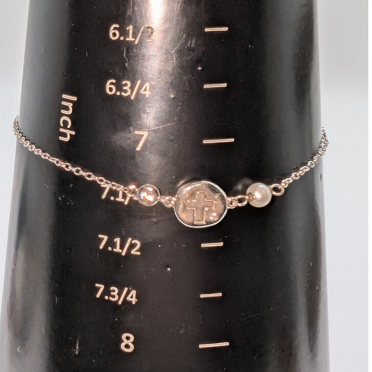 925 Sterling Silver QG Cross Charm Pearl CZ Chain Link Lobster Claw Bracelet