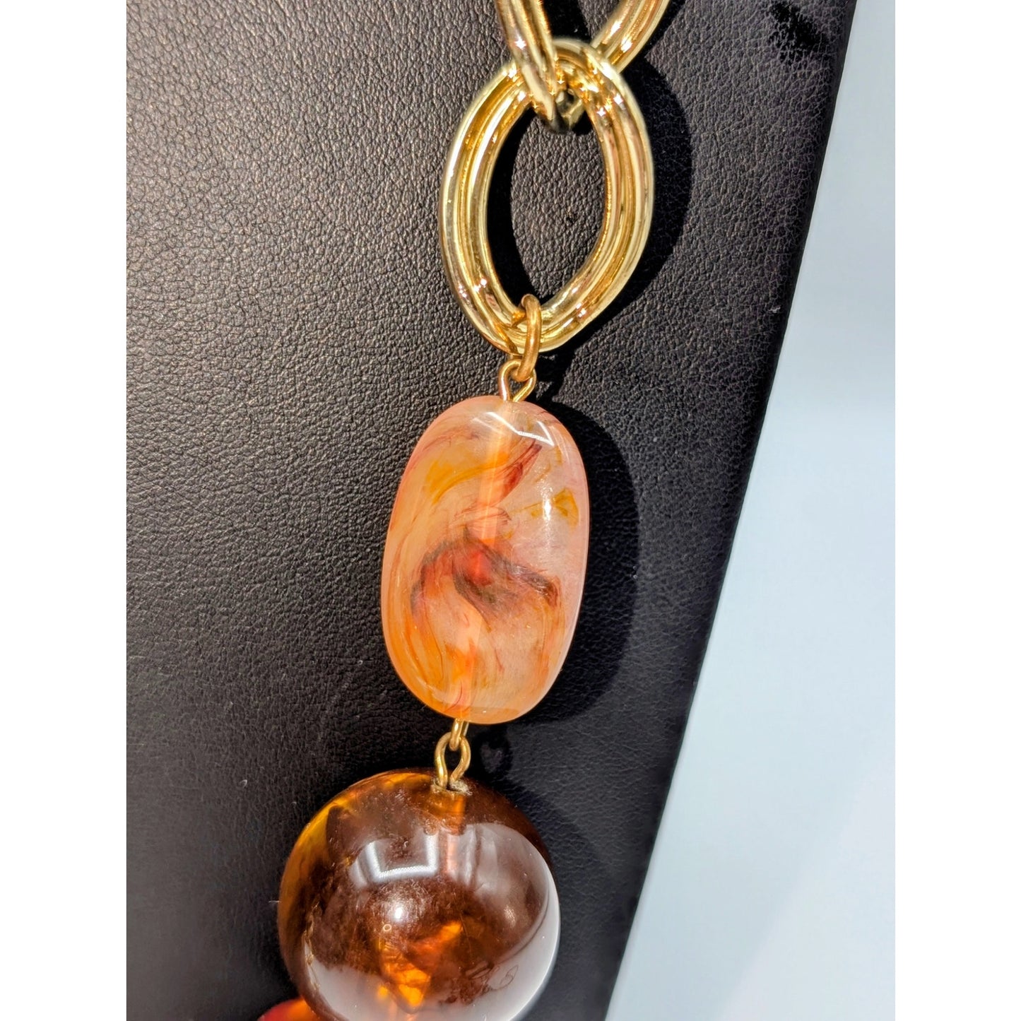 Chunky Gold Tone Chain Link Amber Acrylic Bead 34" Necklace