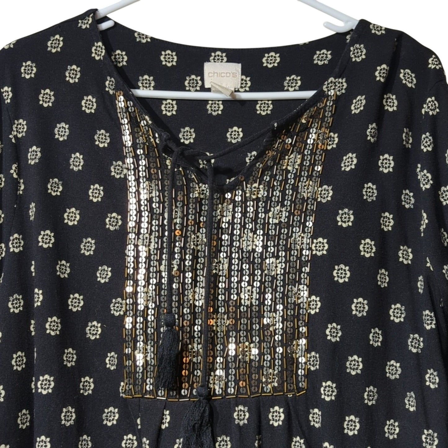 Chico's Sequin Beaded Front Placket Black/ White Peasant Elastic Sleeve Blouse 2
