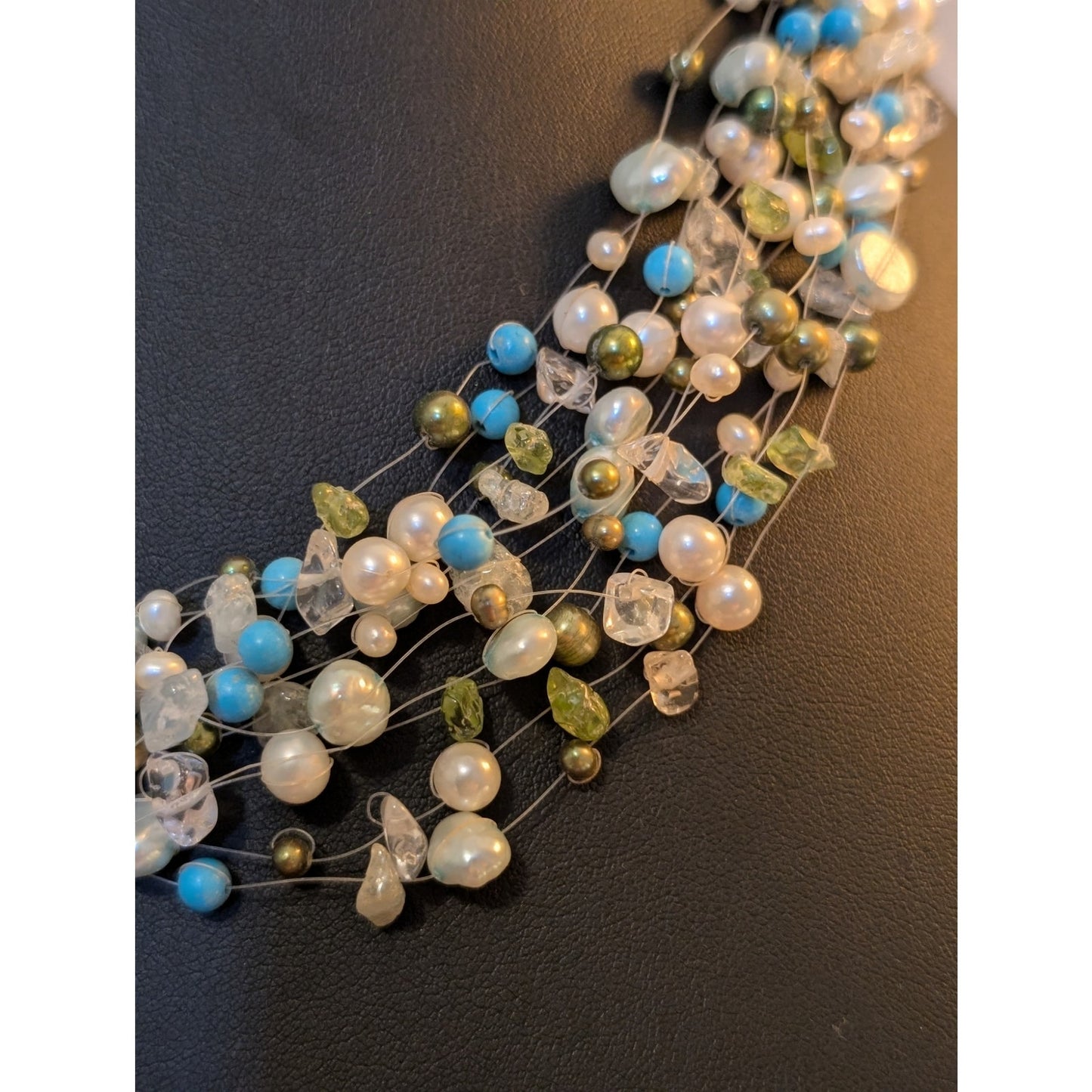 Multi-Strand Pearl Peridot Quartz Turquoise Bead 17"-19" 925 Sterling Necklace
