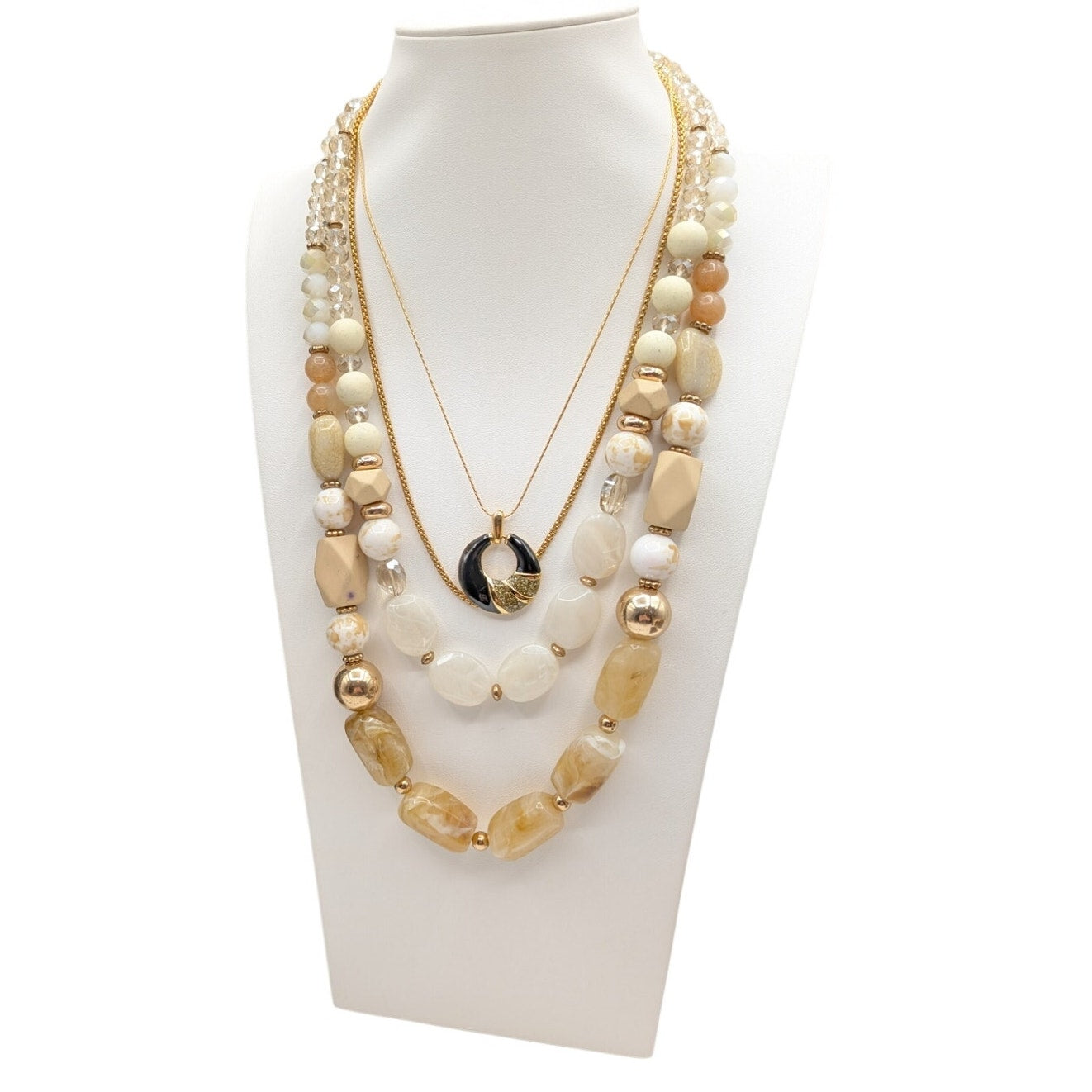 Lot of 17 Pieces Black Cream Gold Tone Jewelry Necklaces Bracelets Earrings Ring