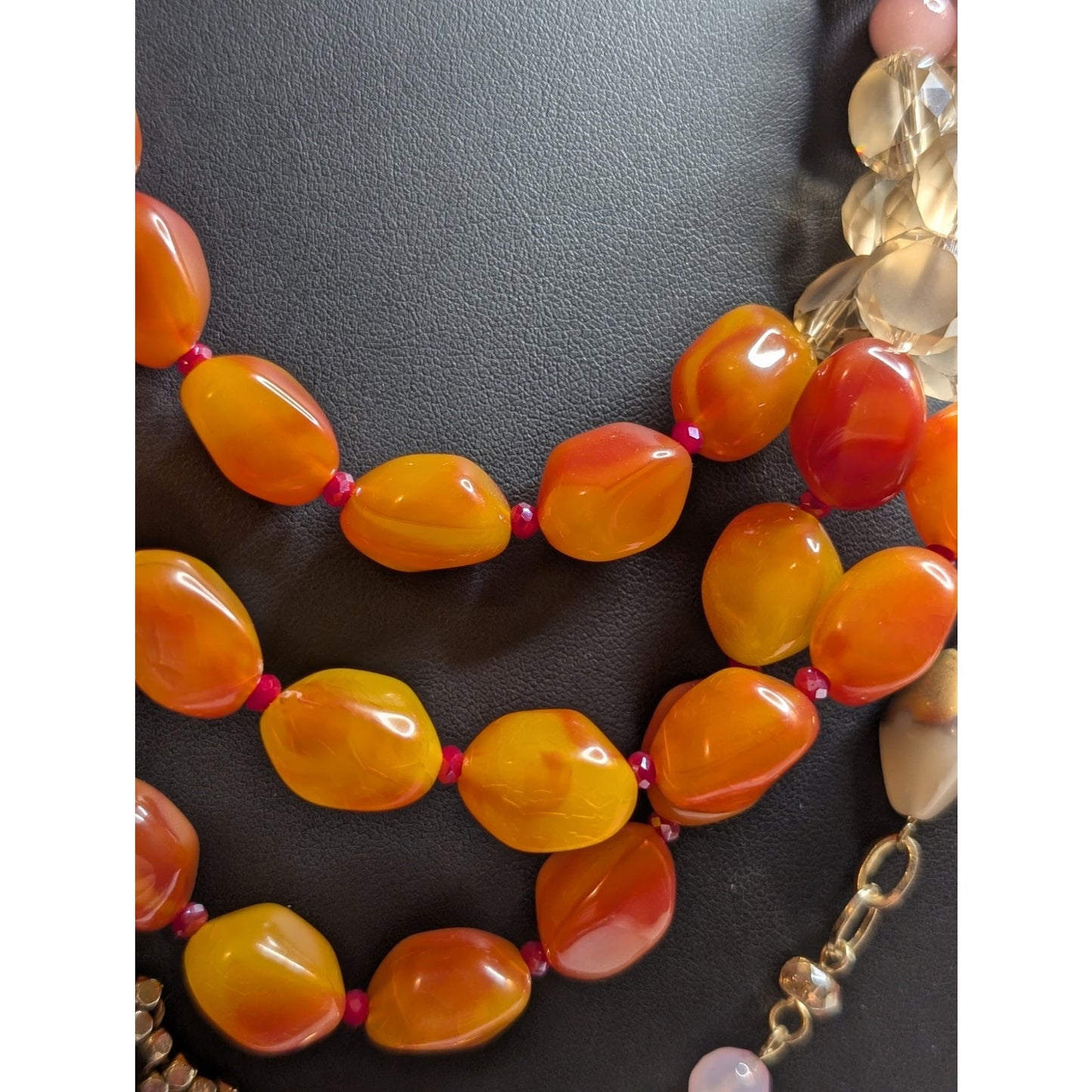 Two Coordinating Loft Beaded Orange Pink Yellow Gold Tone Beaded Long Necklaces